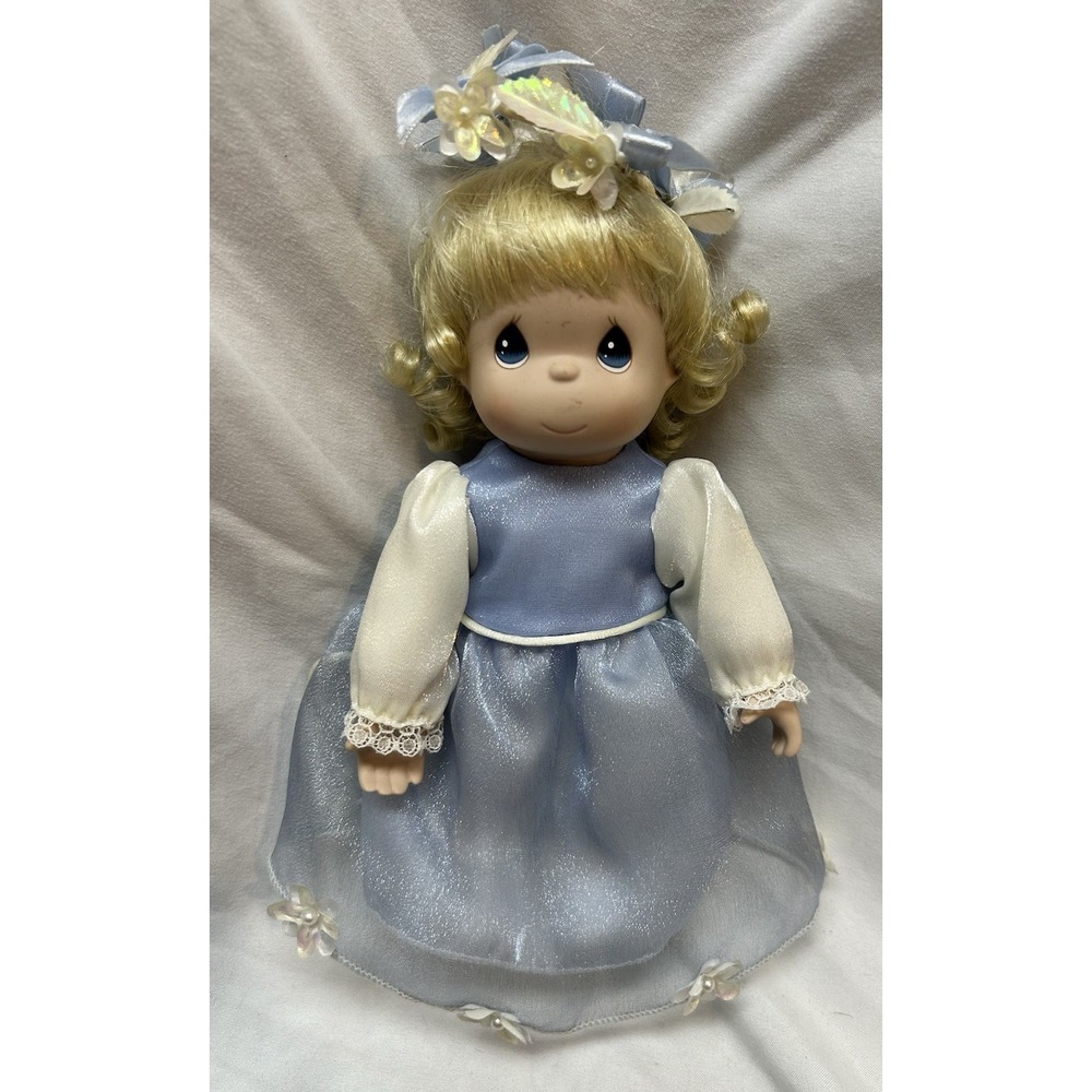 VTG Precious Moments Bisque Porcelain Doll Blue Dress Blonde Hair Blue Eyes